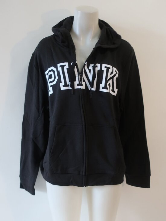 PINK Victoria's Secret Tops - NWT Women Pink Victoria's Secret (Item-17) Black White Zip Logo Hoodie XXL